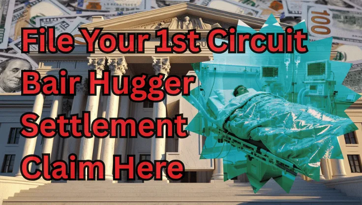 File Your 1st Circuit Bair Hugger Settlement Claim Here text on depiction of First Circuit court with a warming blanket surgery patient and high-value cash backdrop.