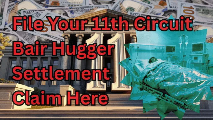 File Your 11th Circuit Bair Hugger Settlement Claim Here text on depiction of Eleventh Circuit court with a warming blanket surgery patient and high-value cash backdrop.