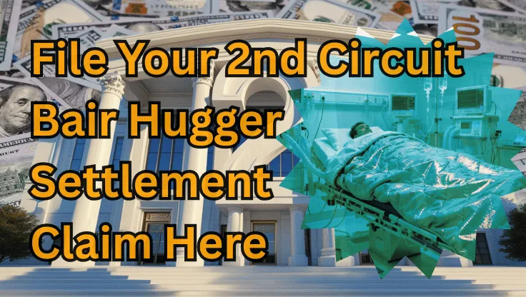 File Your 2nd Circuit Bair Hugger Settlement Claim Here text on depiction of Second Circuit court with a warming blanket surgery patient and high-value cash backdrop.