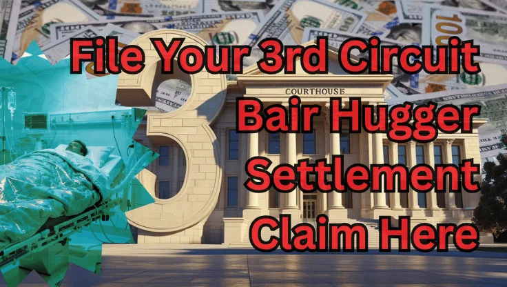 File Your 3rd Circuit Bair Hugger Settlement Claim Here text on depiction of Third Circuit court with a warming blanket surgery patient and high-value cash backdrop.