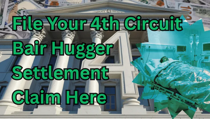 File Your 4th Circuit Bair Hugger Settlement Claim Here text on depiction of Fourth Circuit court with a warming blanket surgery patient and high-value cash backdrop.
