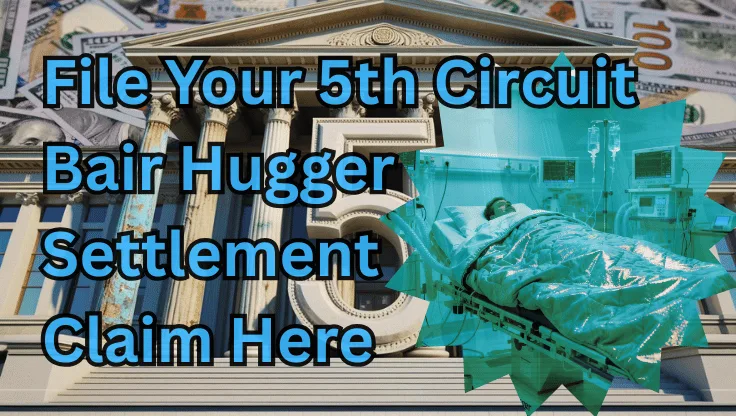 File Your 5th Circuit Bair Hugger Settlement Claim Here text on depiction of Fifth Circuit court with a warming blanket surgery patient and high-value cash backdrop.