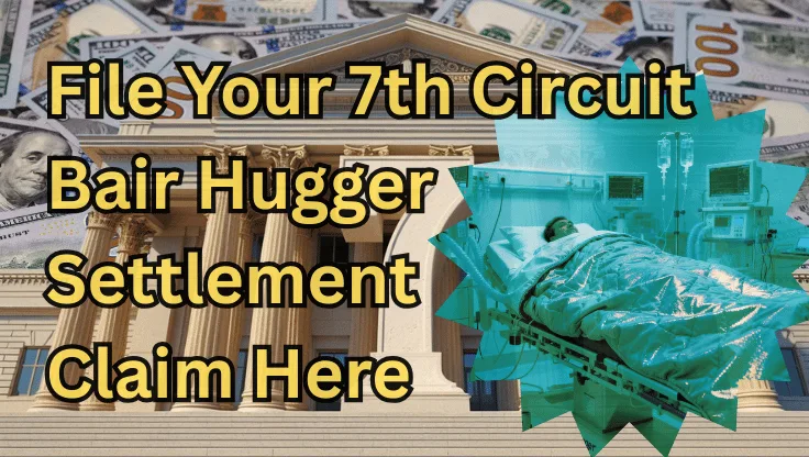 File Your 7th Circuit Bair Hugger Settlement Claim Here text on depiction of Seventh Circuit court with a warming blanket surgery patient and high-value cash backdrop.