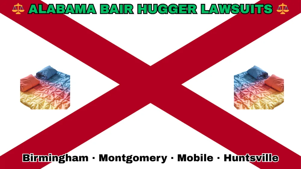 ALABAMA BAIR HUGGER LAWSUITS: Birmingham, Montgomery, Mobile, and Huntsville text on AL state flag adorned with warming blankets depicted near a red St. Andrew's cross on a white background.