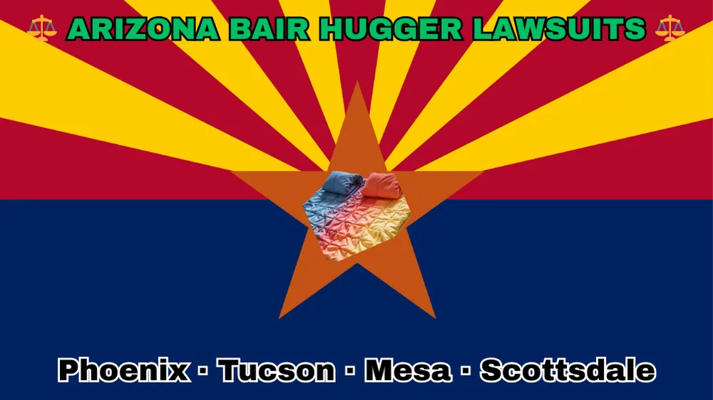 ARIZONA BAIR HUGGER LAWSUITS: Phoenix, Tucson, Mesa, and Scottsdale text on AZ state flag adorned with warming blankets depicted near red and yellow rays with a copper star above a blue field