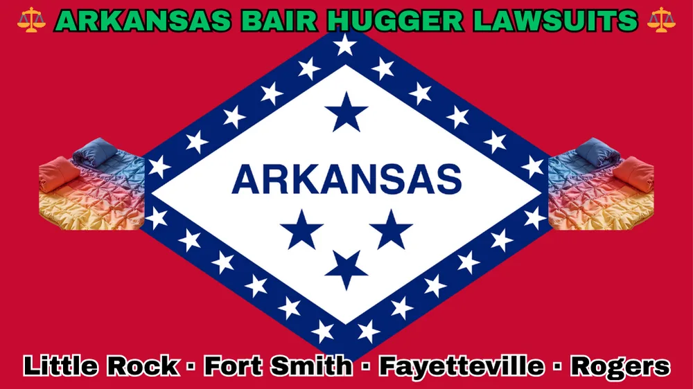ARKANSAS BAIR HUGGER LAWSUITS: Little Rock, Fort Smith, Fayetteville, and Rogers text on AR state flag adorned with warming blankets depicted on a diamond-shaped border lined with stars