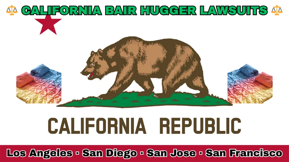 CALIFORNIA BAIR HUGGER LAWSUITS: Los Angeles, San Diego, San Jose, and San Francisco text on CA state flag adorned with warming blankets depicted near a grizzly bear and red star.