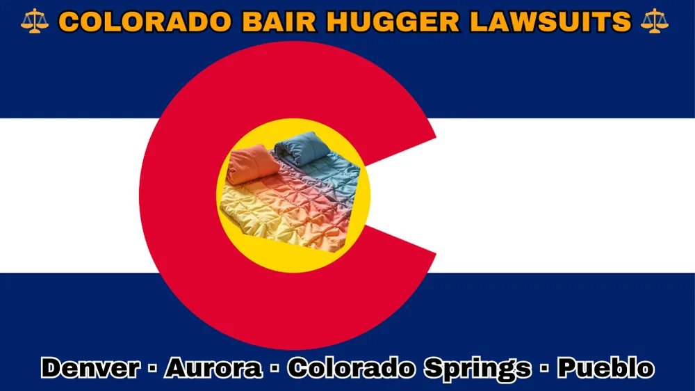 COLORADO BAIR HUGGER LAWSUITS: Denver, Aurora, Colorado Springs, and Pueblo text on CO state flag adorned with warming blankets depicted near an old red "C" with a golden circle on blue and white stripes
