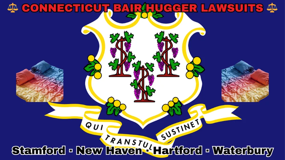 CONNECTICUT BAIR HUGGER LAWSUITS: Stamford, New Haven, Hartford, and Waterbury text on CT state flag adorned with warming blankets depicted on a blue field near a white shield and three grapevines