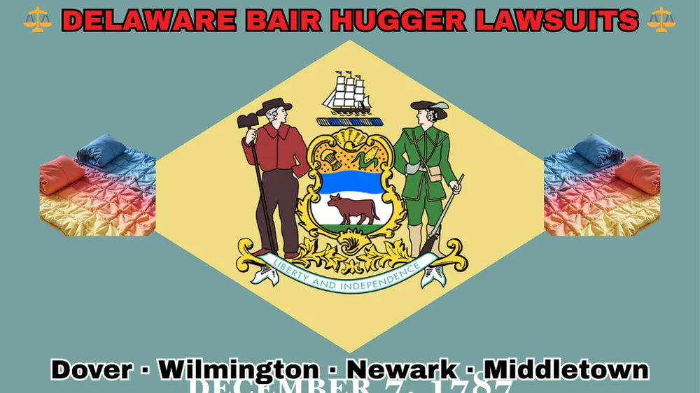 DELAWARE BAIR HUGGER LAWSUITS: Dover, Wilmington, Newark, and Middletown text on DE state flag adorned with warming blankets depicted near a coat of arms and 1787 date