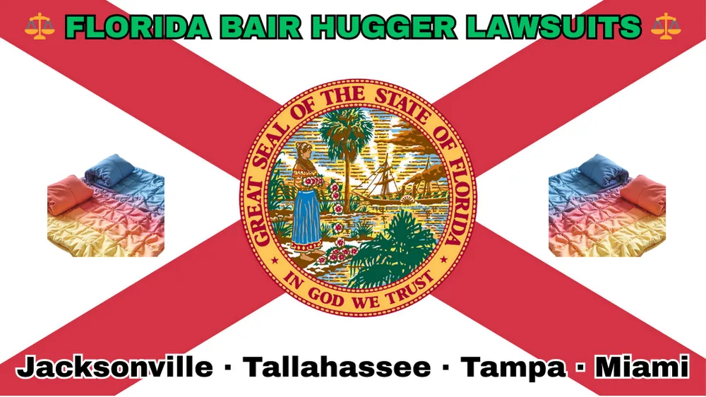 FLORIDA BAIR HUGGER LAWSUITS: Jacksonville, Tallahassee, Tampa, and Miami text on FL state flag adorned with warming blankets depicted near a red cross and SEAL of a Seminole woman scattering flowers by a shoreline with a boat, palm trees, and sunlight.