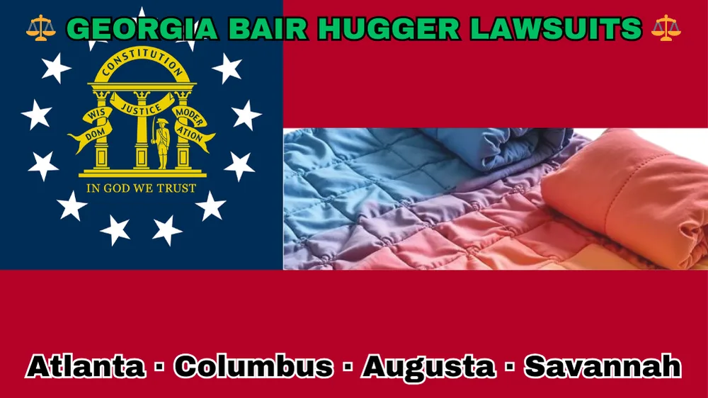 GEORGIA BAIR HUGGER LAWSUITS: Atlanta, Columbus, Augusta, and Savannah text on GA state flag adorned with warming blankets depicted near a gold arch on blue canton with three pillars and 13 white stars, next to three thick red and white stripes.