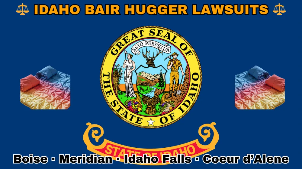 IDAHO BAIR HUGGER LAWSUITS: Boise, Meridian, Idaho Falls, and Coeur d’Alene text on ID state flag adorned with warming blankets depicted on a blue field near the official seal and banner