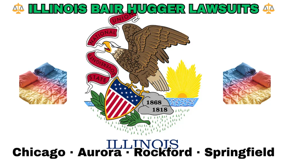 ILLINOIS BAIR HUGGER LAWSUITS: Chicago, Aurora, Rockford, and Springfield text on IL state flag adorned with warming blankets depicted near a bald eagle perched on a rock and holding a shield, as the sun shines bright.