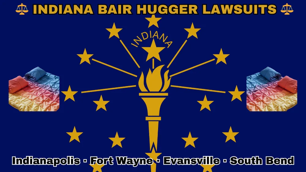 INDIANA BAIR HUGGER LAWSUITS: Indianapolis, Fort Wayne, Evansville, and South Bend text on IN state flag adorned with warming blankets depicted near a gold torch and stars.