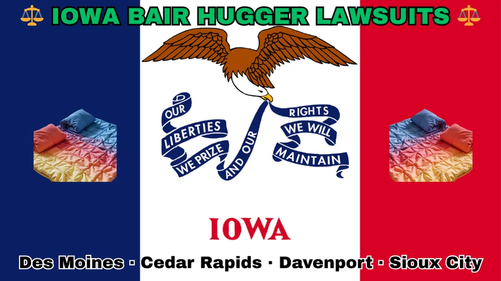 IOWA BAIR HUGGER LAWSUITS: Boise, Meridian, Idaho Falls, Coeur d'Alene text on IA state flag adorned with warming blankets depicted along blue, white, and red vertical stripes near an eagle and banner