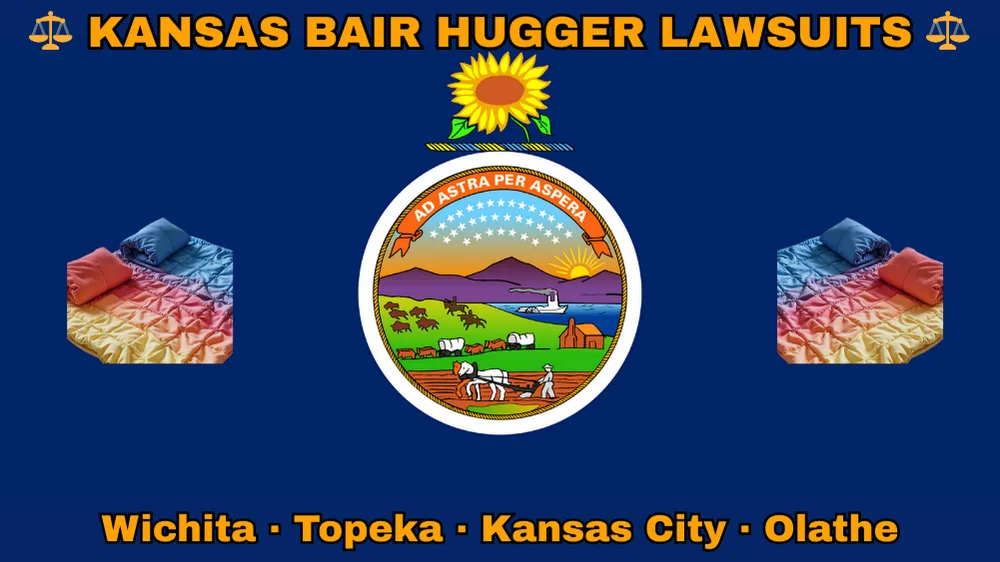 KANSAS BAIR HUGGER LAWSUITS: Wichita, Kansas City, Olathe, and Topeka text on KS state flag adorned with warming blankets depicted on a blue background near the official seal and a sunflower emblem