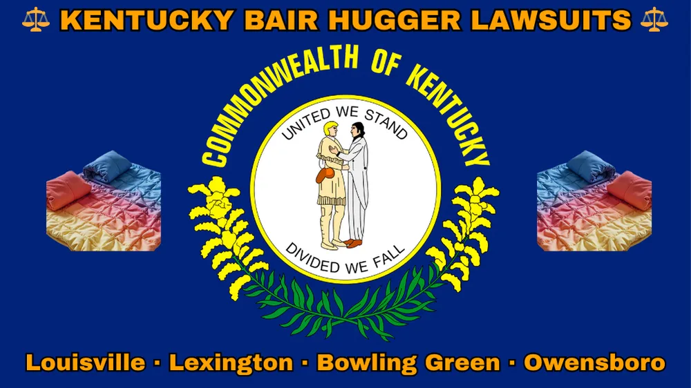 KENTUCKY BAIR HUGGER LAWSUITS: Louisville, Lexington, Bowling Green, and Owensboro text on KY state flag adorned with warming blankets depicted on a blue field near the official seal and “UNITED WE STAND” motto