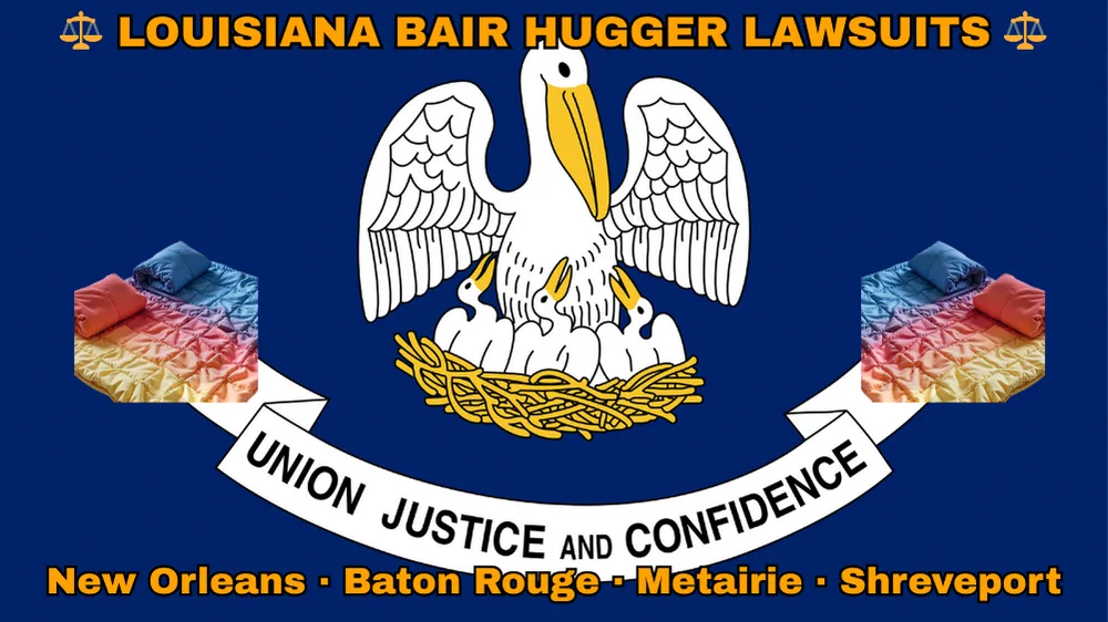 LOUISIANA BAIR HUGGER LAWSUITS: New Orleans, Baton Rouge, Metairie, and Shreveport text on LA state flag adorned with warming blankets depicted near a pelican feeding chicks with motto “UNION, JUSTICE, CONFIDENCE"
