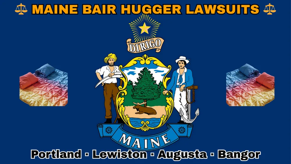 MAINE BAIR HUGGER LAWSUITS: Portland, Lewiston, Augusta, and Bangor text on ME state flag adorned with warming blankets depicted on a blue field near a shield, pine tree, moose, and “DIRIGO” motto