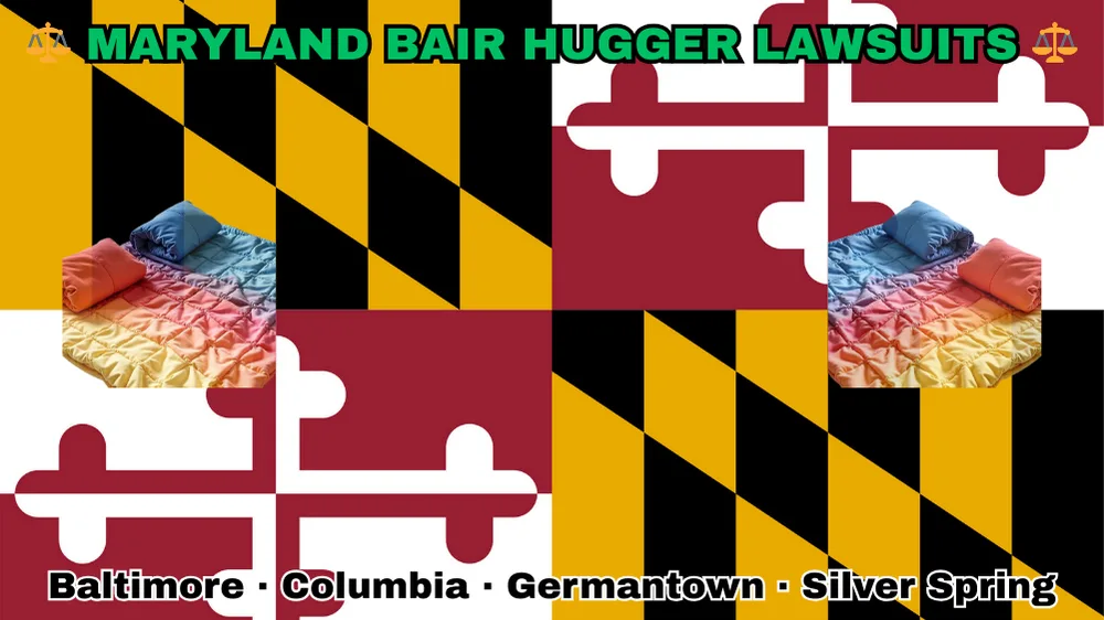 MARYLAND BAIR HUGGER LAWSUITS: Baltimore, Columbia, Germantown, and Silver Spring text on MD state flag adorned with warming blankets depicted near red and white crosses, and black and gold checkered Calvert arms.