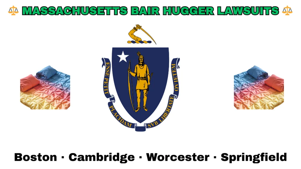 MASSACHUSETTS BAIR HUGGER LAWSUITS: Boston, Cambridge, Worcester, and Springfield text on MA state flag adorned with warming blankets depicted near a shield featuring a Native American person with bow and arrow under a star and sword.
