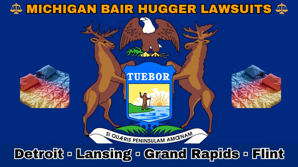 MICHIGAN BAIR HUGGER LAWSUITS: Detroit, Lansing, Grand Rapids, and Flint text on MI state flag adorned with warming blankets depicted near an elk, moose and bald eagle flanking a shield featuring a man standing on a sunny lake with a raised hand and rifle.