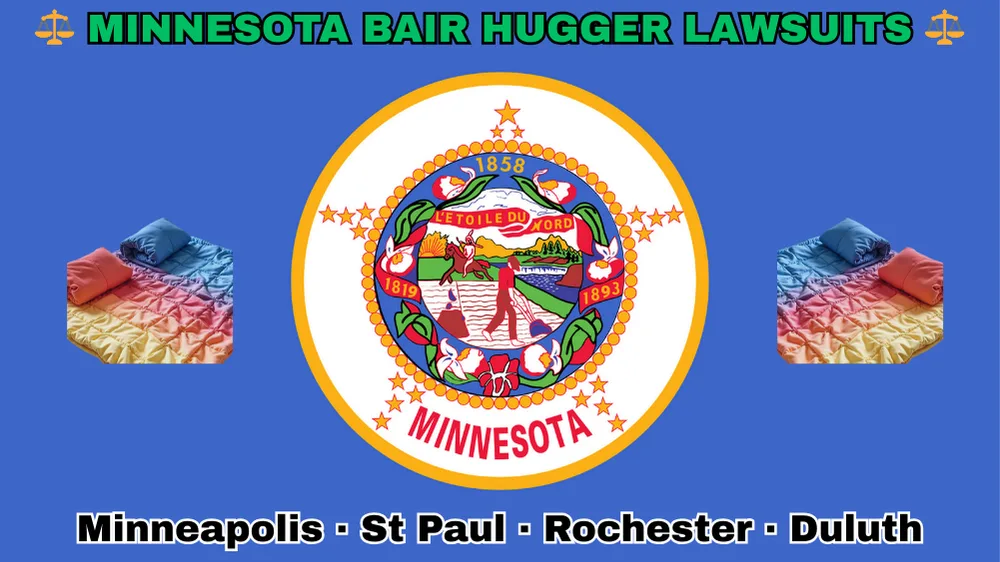 MINNESOTA BAIR HUGGER LAWSUITS: Minneapolis, St Paul, Rochester, and Duluth text on MN state flag adorned with warming blankets depicted on blue background near the official seal featuring a wreath of pink-and-white lady’s slippers