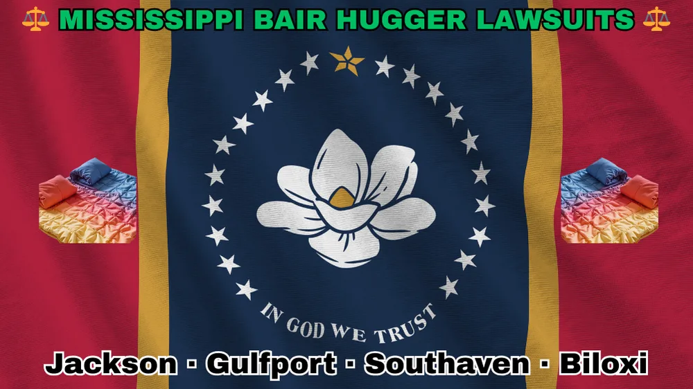 MISSISSIPPI BAIR HUGGER LAWSUITS: Jackson, Gulfport, Southaven, and Biloxi text on MS state flag adorned with warming blankets depicted along red, gold, and blue stripes near magnolia blossom and stars