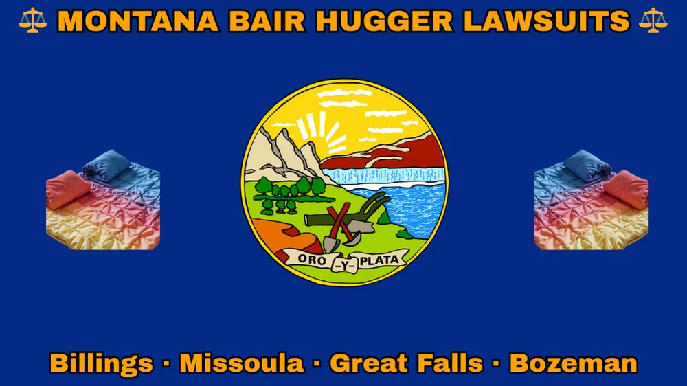 MONTANA BAIR HUGGER LAWSUITS: Billings, Missoula, Great Falls, and Bozeman text on MT state flag adorned with warming blankets depicted on a blue field near official seal featuring a plow and mountains