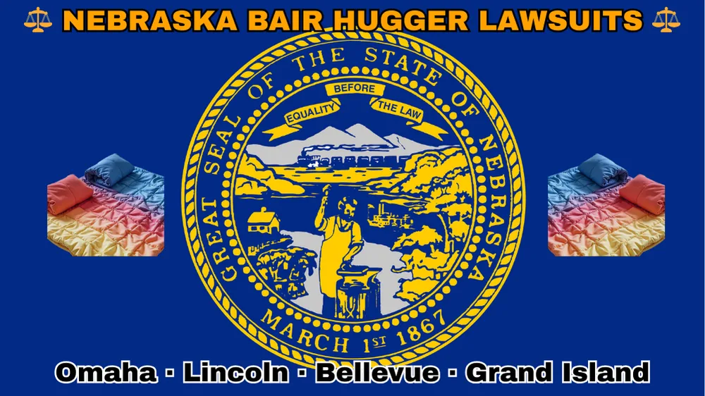 NEBRASKA BAIR HUGGER LAWSUITS: Omaha, Lincoln, Bellevue, and Grand Island text on NE state flag adorned with warming blankets depicted on a dark blue field near the official seal in gold