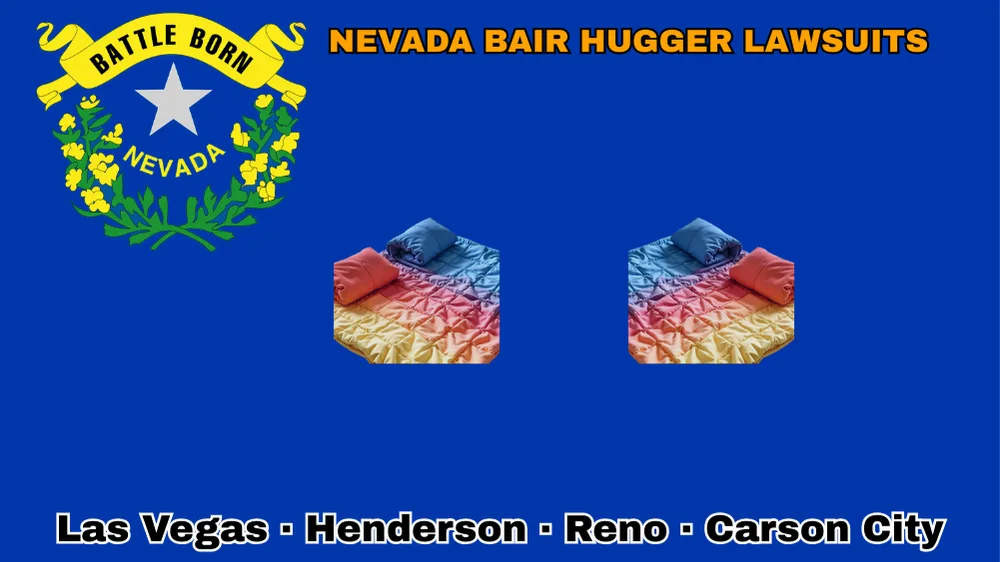 NEVADA BAIR HUGGER LAWSUITS: Las Vegas, Henderson, Reno, and Carson City text on NV state flag adorned with warming blankets depicted on a blue field near a silver star and “BATTLE BORN” motto