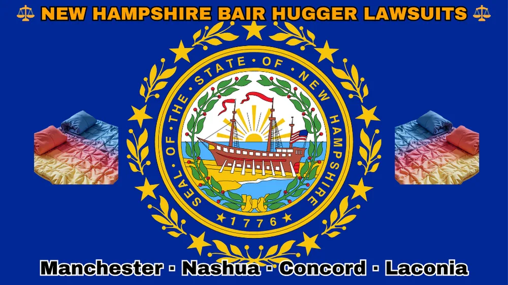 NEW HAMPSHIRE BAIR HUGGER LAWSUITS: Manchester, Nashua, Concord, and Laconia text on NH state flag adorned with warming blankets depicted on blue field near a Portsmouth's frigate encircled by laurel leaves and stars