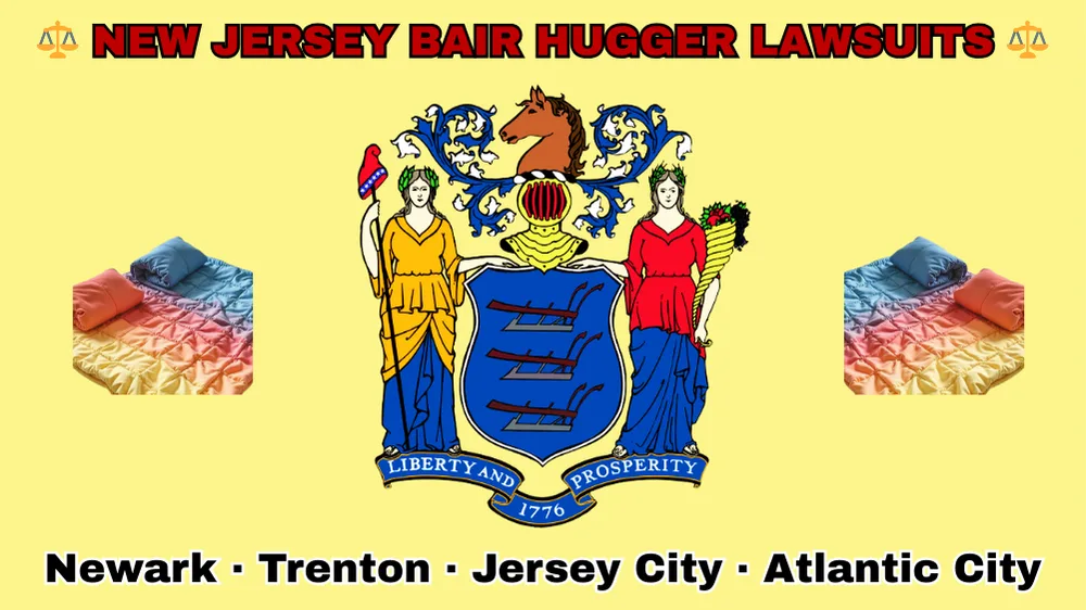NEW JERSEY BAIR HUGGER LAWSUITS: Newark, Trenton, Jersey City, and Atlantic City text on NJ state flag adorned with warming blankets depicted near a shield with three plows, the goddesses Liberty and Ceres, and a horse head.