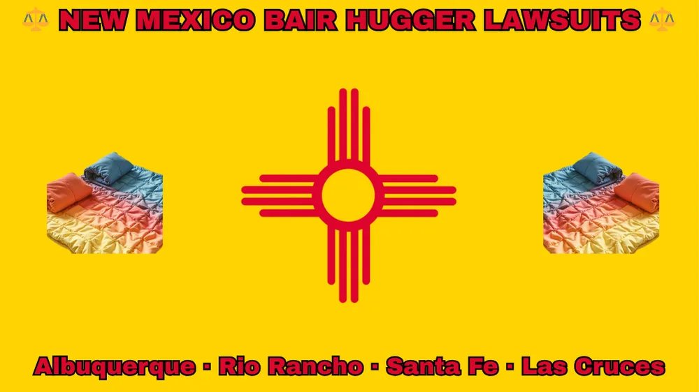 NEW MEXICO BAIR HUGGER LAWSUITS: Albuquerque, Rio Rancho, Santa Fe, and Las Cruces text on NM state flag adorned with warming blankets depicted on a yellow background near a red Zia sun symbol