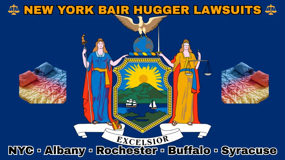 NEW YORK BAIR HUGGER LAWSUITS: NYC, Albany, Rochester, Buffalo, and Syracuse text on NY state flag adorned with warming blankets depicted near Liberty and Justice holding a sword and scales, an eagle atop a globe, and a shield featuring the sun shining over the mountains onto Hudson River boaters.