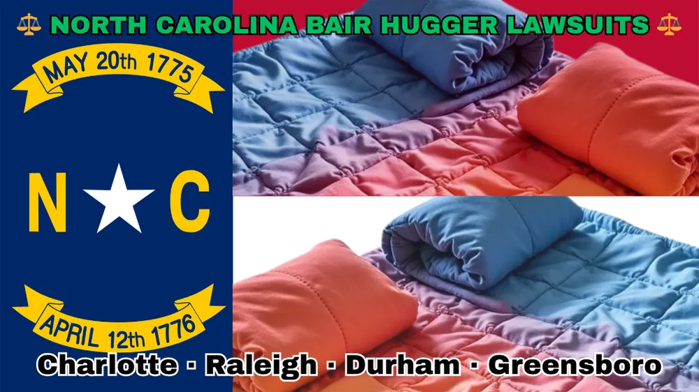NORTH CAROLINA BAIR HUGGER LAWSUITS: Charlotte, Raleigh, Durham, and Greensboro text on NC state flag adorned with warming blankets depicted near a star along blue, red and white color blocks.