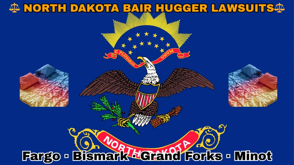 NORTH DAKOTA BAIR HUGGER LAWSUITS: Fargo, Bismark, Grand Forks, and Minot text on ND state flag adorned with warming blankets depicted on a blue field near a bald eagle, ribbon, and shield.