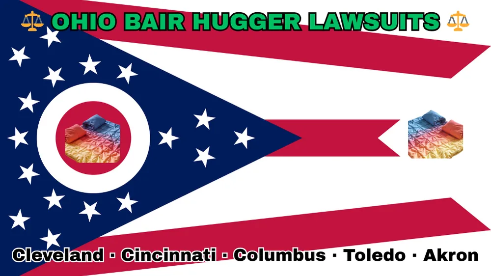 OHIO BAIR HUGGER LAWSUITS: Cleveland, Cincinnati, Columbus, Toledo, and Akron text on OH state flag adorned with warming blankets depicted near a triangular swallowtail with red, white, and blue stripes and stars.