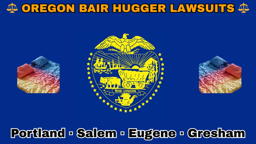 OREGON BAIR HUGGER LAWSUITS: Portland, Salem, Eugene, and Gresham text on OR state flag adorned with warming blankets depicted on a blue field near a gold seal featuring a covered wagon, an eagle, mountains, and a setting sun, with the year 1859 below.
