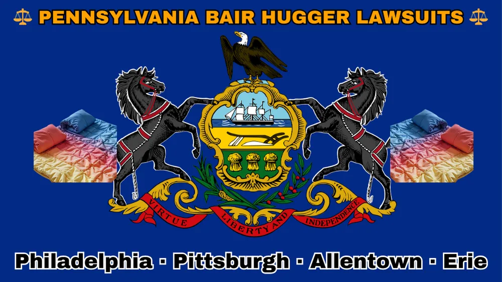 PENNSYLVANIA BAIR HUGGER LAWSUITS: Philadelphia, Pittsburgh, Allentown, and Erie text on PA state flag adorned with warming blankets depicted near horses and an eagle flanking a shield featuring a ship, plow, and sheaves of wheat.