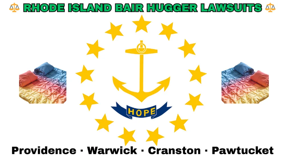 RHODE ISLAND BAIR HUGGER LAWSUITS: Providence, Warwick, Cranston, and Pawtucket text on RI state flag adorned with warming blankets depicted on a white background near an anchor, gold stars, and “HOPE” motto