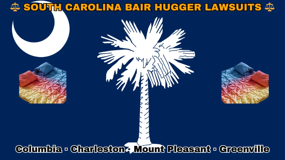 SOUTH CAROLINA BAIR HUGGER LAWSUITS: Columbia, Charleston, Mount Pleasant, and Greenville text on SC state flag adorned with warming blankets depicted on a blue field near a white palmetto tree and crescent moon