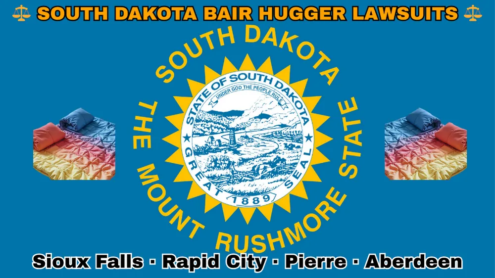 SOUTH DAKOTA BAIR HUGGER LAWSUITS: Sioux Falls, Rapid City, Pierre, and Aberdeen text on SD state flag adorned with warming blankets depicted on a blue field near the official seal and words "THE MOUNT RUSHMORE STATE"