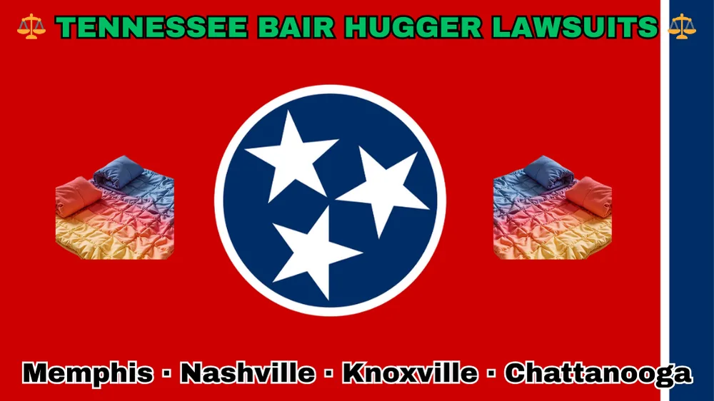 TENNESSEE BAIR HUGGER LAWSUITS: Memphis, Nashville, Knoxville, and Chattanooga text on TN state flag adorned with warming blankets depicted on a red background near three white stars on a blue circle and vertical blue stripe.