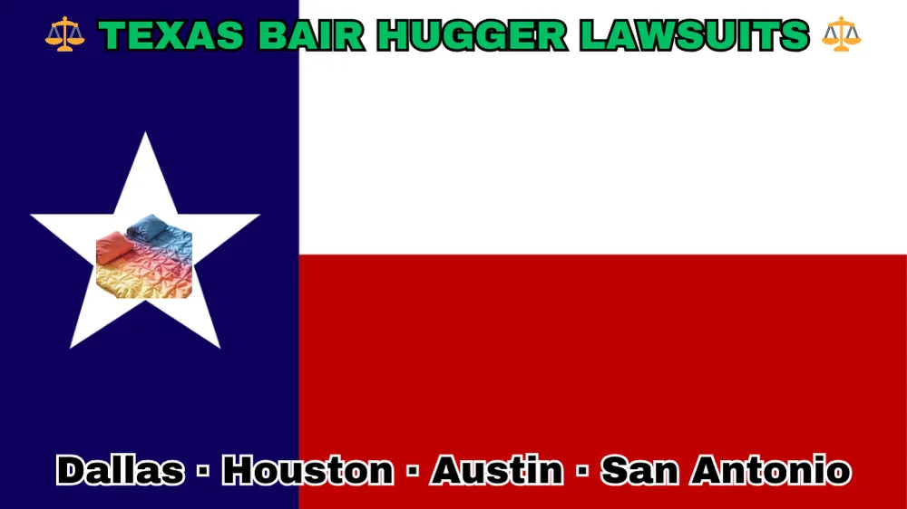 TEXAS BAIR HUGGER LAWSUITS: Dallas, Houston, Austin, and San Antonio text on TX state flag adorned with warming blankets depicted on a Lone Star near blue, red and white color blocks.