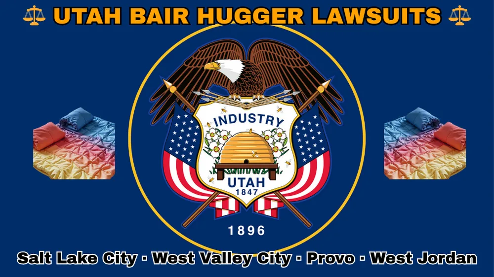 UTAH BAIR HUGGER LAWSUITS: Salt Lake City, West Valley City, Provo, and West Jordan text on UT state flag adorned with warming blankets depicted on a blue field near a beehive, bald eagle, motto and date