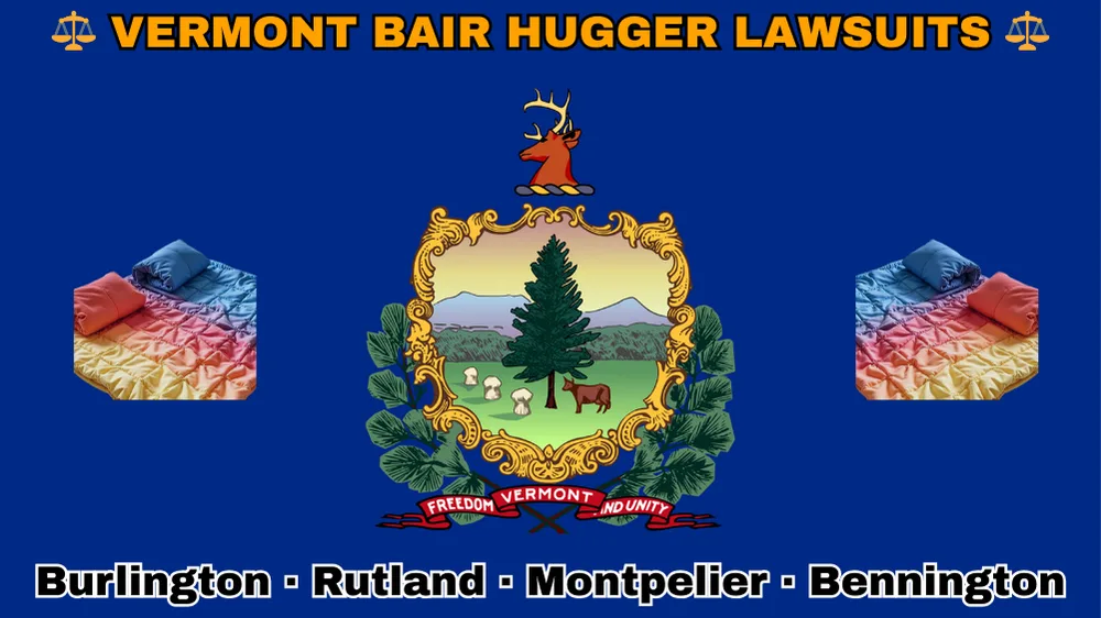 VERMONT BAIR HUGGER LAWSUITS: Burlington, Rutland, Montpelier, and Bennington text on VT state flag adorned with warming blankets depicted on a blue field near the official coat of arms featuring a pine tree and cow