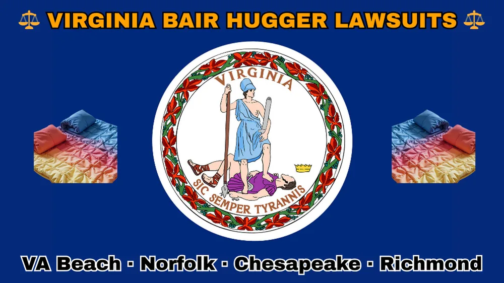 VIRGINIA BAIR HUGGER LAWSUITS: VA Beach, Norfolk, Chesapeake, and Richmond text on VA state flag adorned with warming blankets depicted near Virtus defeating Tyranny with a spear and sword.