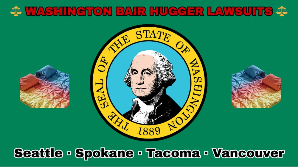 WASHINGTON BAIR HUGGER LAWSUITS: Seattle, Spokane, Tacoma, and Vancouver text on WA state flag adorned with warming blankets depicted on a green background near the official SEAL featuring George Washington.